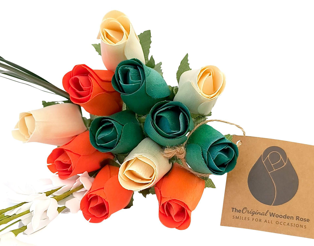 The Original Wooden Rose Irish Flag Saint Patty Day Green, Orange and White Wooden Rose Bouquet Closed Bud Roses (1 Dozen) - The Original Wooden Rose