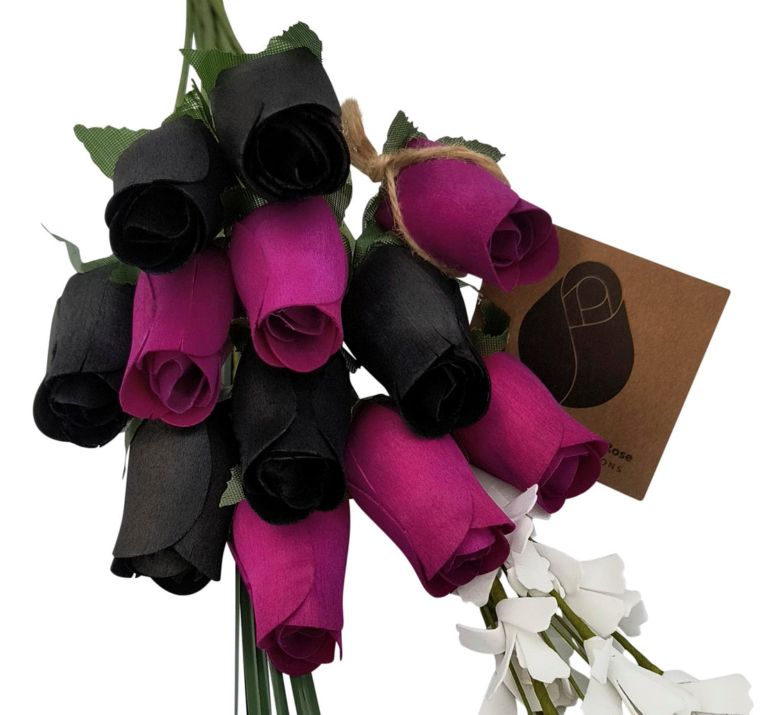 The Original Wooden Rose Halloween Black and Violet Flower Bouquet Closed Bud (1 Dozen) - The Original Wooden Rose