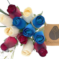 The Original Wooden Rose Primitive Patriotic 1 Dozen Red with Black Tips, White and Blue with Dark Blue Tips Bouquet - The Original Wooden Rose