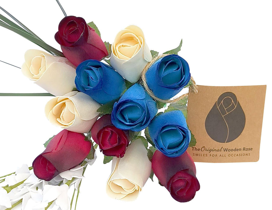 The Original Wooden Rose Primitive Patriotic 1 Dozen Red with Black Tips, White and Blue with Dark Blue Tips Bouquet - The Original Wooden Rose