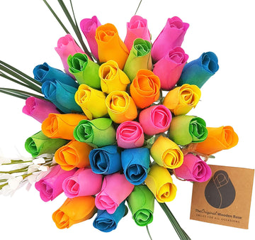 The Original Wooden Rose Spring Light Blue, Yellow, Lavender, Green, Orange and, Pink. 3 Dozen - The Original Wooden Rose