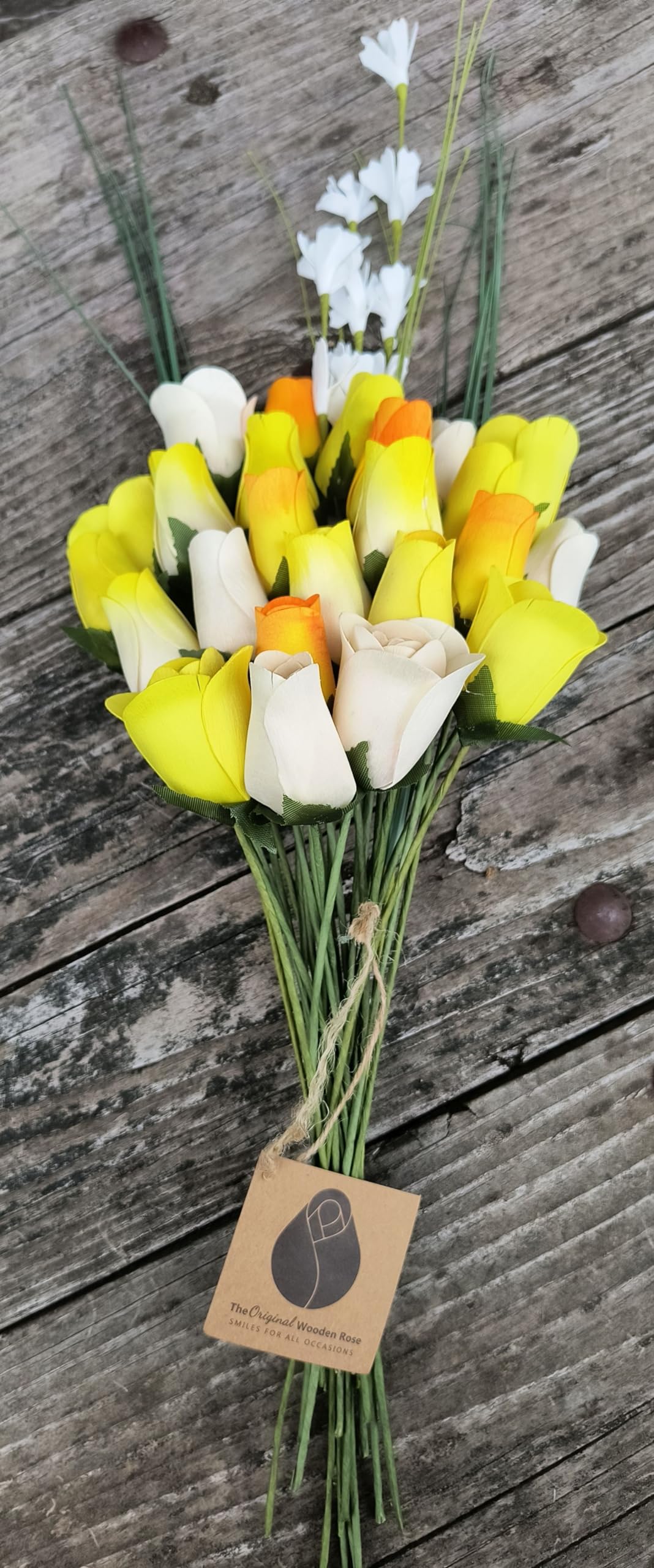 The Original Wooden Rose Deluxe Yellow Sunshine Themed Bouquet. Featuring Closed and Half Open Bud Roses (2 Dozen) - The Original Wooden Rose