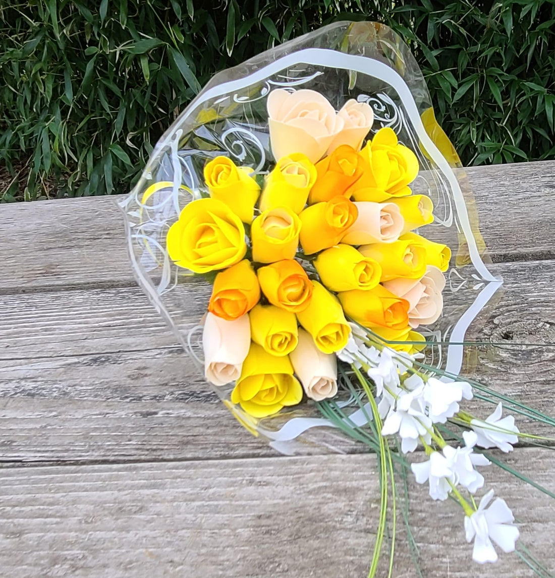 The Original Wooden Rose Deluxe Yellow Sunshine Themed Bouquet. Featuring Closed and Half Open Bud Roses (2 Dozen) - The Original Wooden Rose