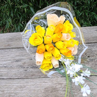 The Original Wooden Rose Deluxe Yellow Sunshine Themed Bouquet. Featuring Closed and Half Open Bud Roses (2 Dozen) - The Original Wooden Rose