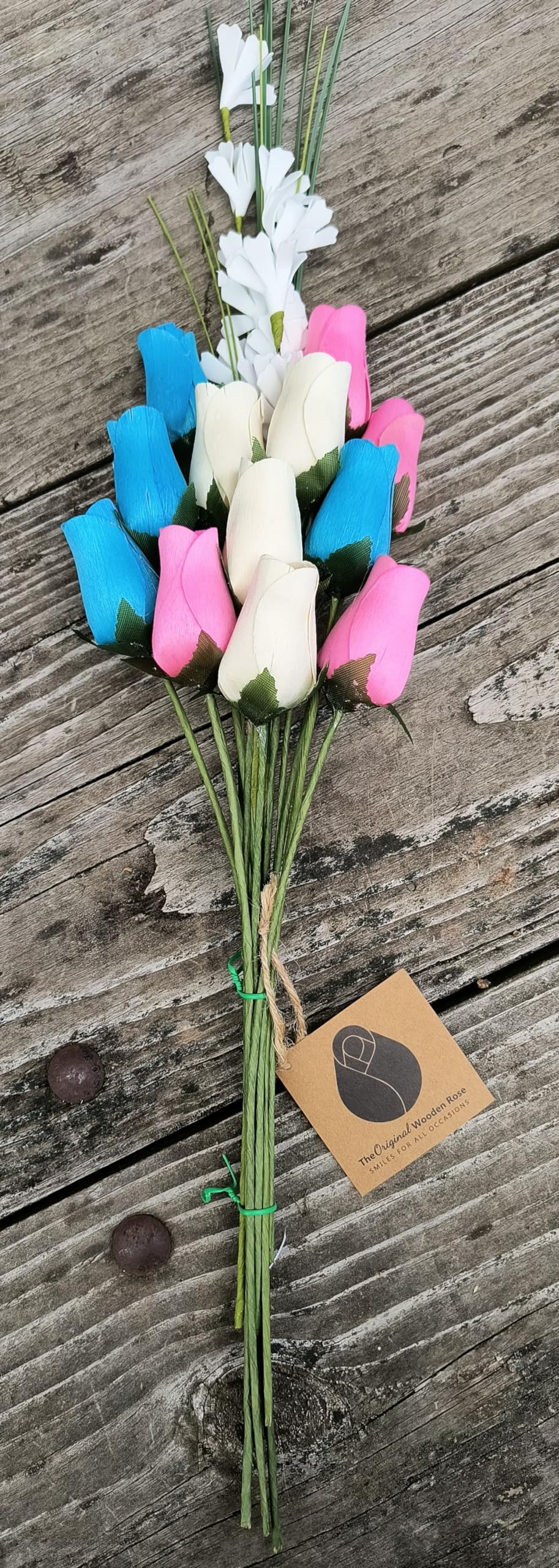 The Original Wooden Rose Gender Reveal Wooden Rose Bouquet. Featuring Pink, Light Blue and White Wooden Roses Closed Bud (1 Dozen) - The Original Wooden Rose