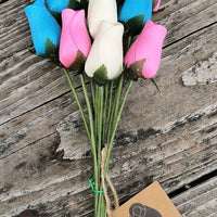 The Original Wooden Rose Gender Reveal Wooden Rose Bouquet. Featuring Pink, Light Blue and White Wooden Roses Closed Bud (1 Dozen) - The Original Wooden Rose