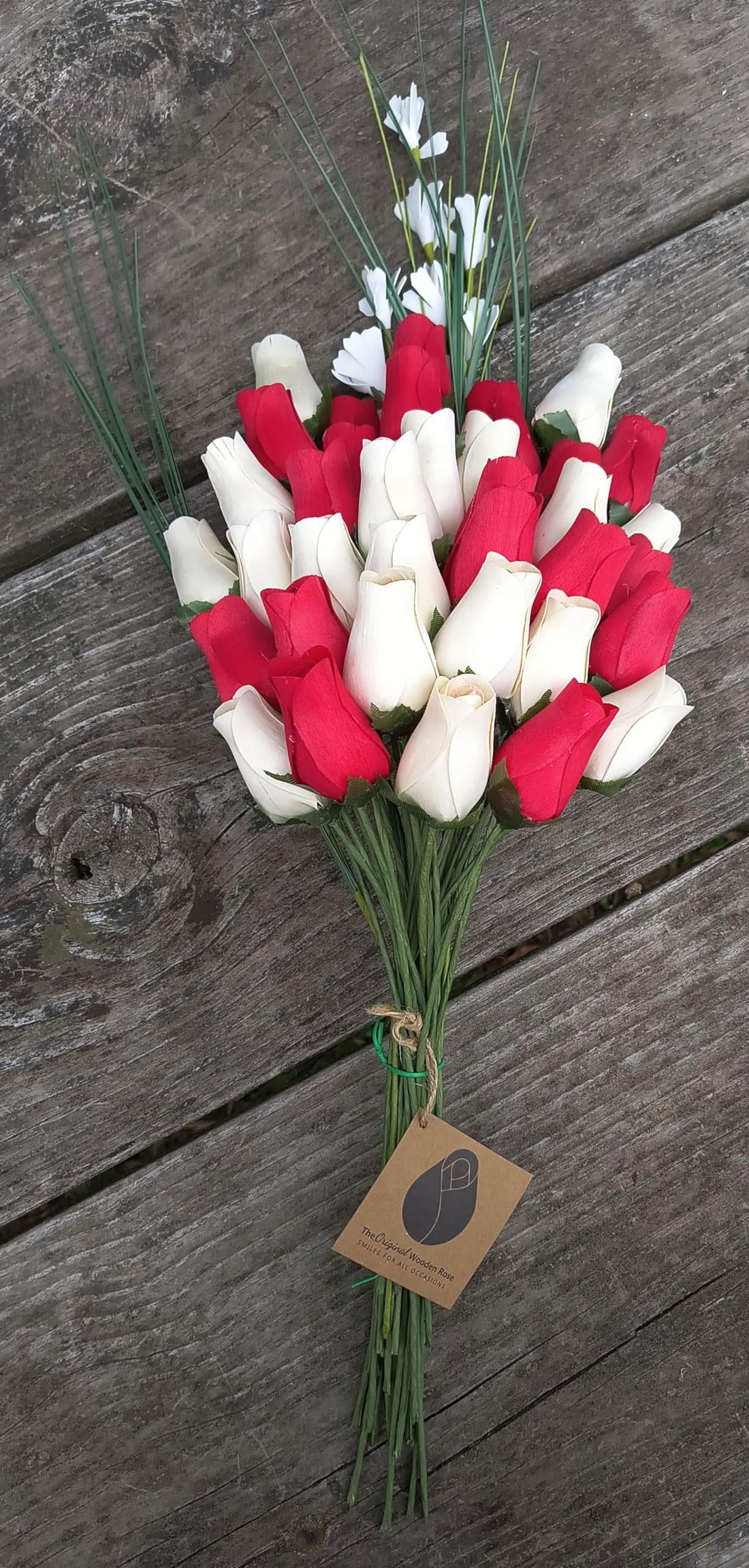 The Original Wooden Rose Valentines Day Red and White Flower Bouquet (3 Dozen) - The Original Wooden Rose