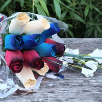 The Original Wooden Rose Primitive Patriotic 1 Dozen Red with Black Tips, White and Blue with Dark Blue Tips Bouquet - The Original Wooden Rose