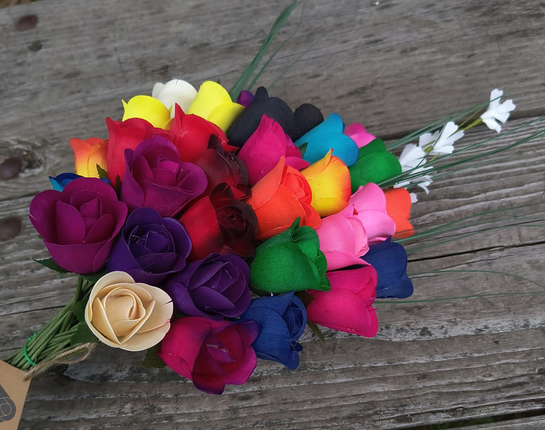 The Original Wooden Rose Bouquet of 32 Assorted Colors Half Open Roses Great for Mothers Day, Valentines Day - The Original Wooden Rose