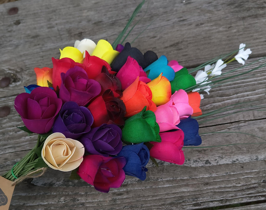 The Original Wooden Rose Bouquet of 32 Assorted Colors Half Open Roses Great for Mothers Day, Valentines Day - The Original Wooden Rose