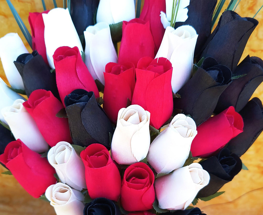 The Original Wooden Rose, Red, Black and White Wooden Rose Bouquet (3 Dozen) - The Original Wooden Rose