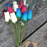 The Original Wooden Rose Primitive Patriotic 1 Dozen Red with Black Tips, White and Blue with Dark Blue Tips Bouquet - The Original Wooden Rose