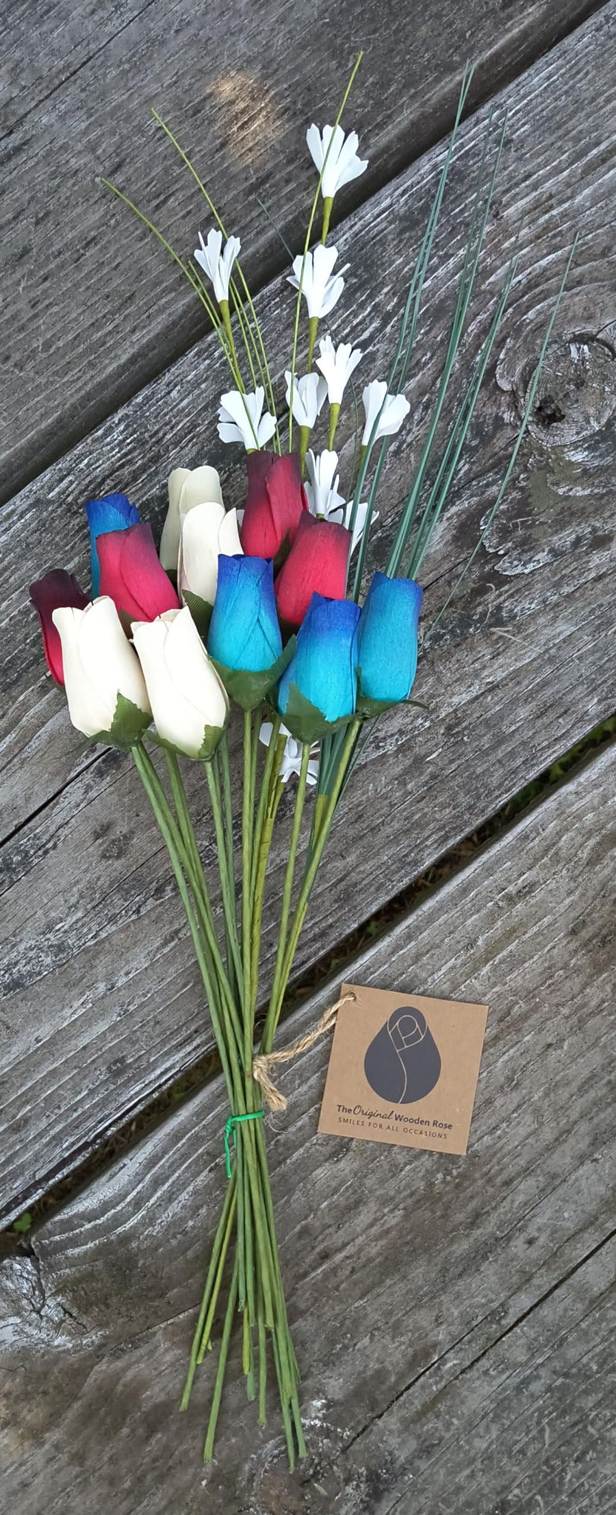 The Original Wooden Rose Primitive Patriotic 1 Dozen Red with Black Tips, White and Blue with Dark Blue Tips Bouquet - The Original Wooden Rose