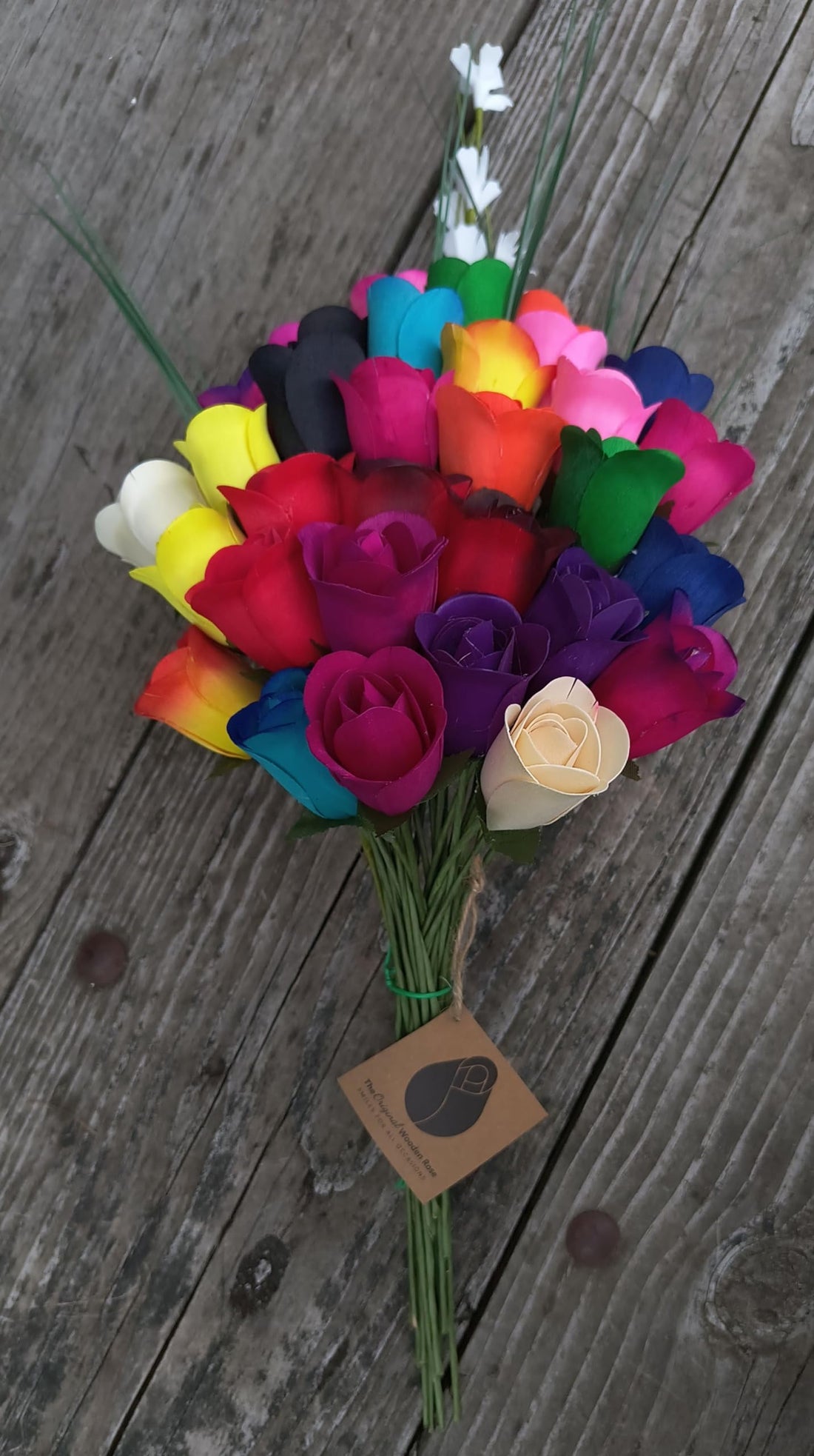 The Original Wooden Rose Bouquet of 32 Assorted Colors Half Open Roses Great for Mothers Day, Valentines Day - The Original Wooden Rose