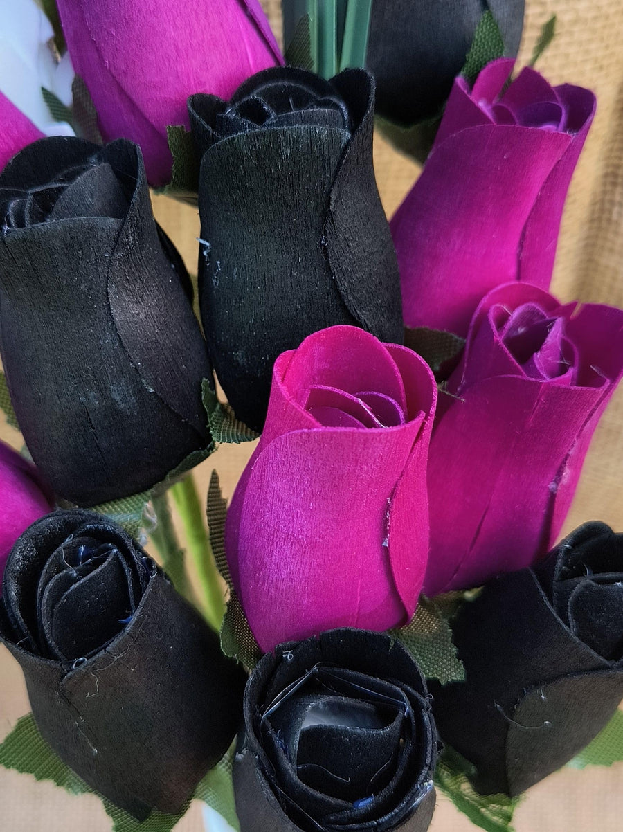 The Original Wooden Rose Halloween Black and Violet Flower Bouquet Closed Bud (1 Dozen) - The Original Wooden Rose