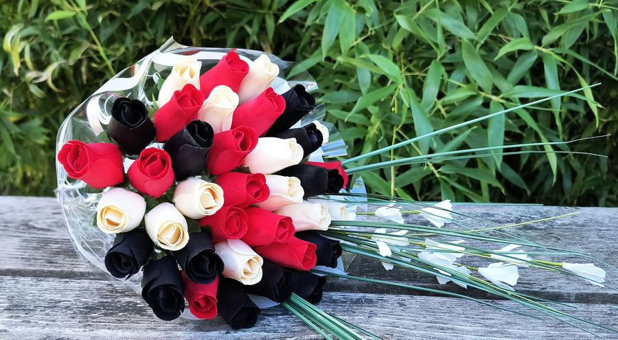 The Original Wooden Rose, Red, Black and White Wooden Rose Bouquet (3 Dozen) - The Original Wooden Rose