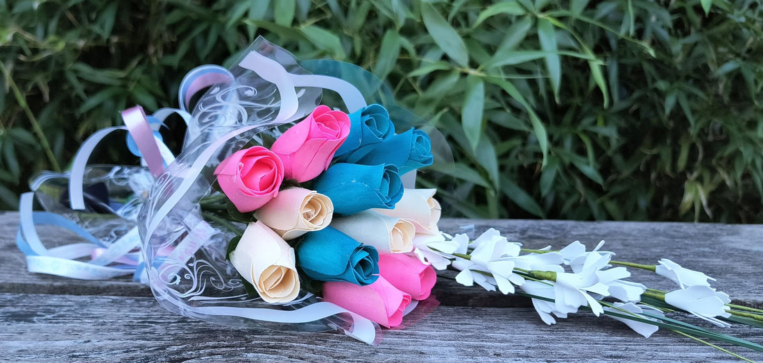 The Original Wooden Rose Gender Reveal Wooden Rose Bouquet. Featuring Pink, Light Blue and White Wooden Roses Closed Bud (1 Dozen) - The Original Wooden Rose