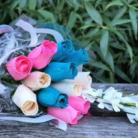 The Original Wooden Rose Gender Reveal Wooden Rose Bouquet. Featuring Pink, Light Blue and White Wooden Roses Closed Bud (1 Dozen) - The Original Wooden Rose