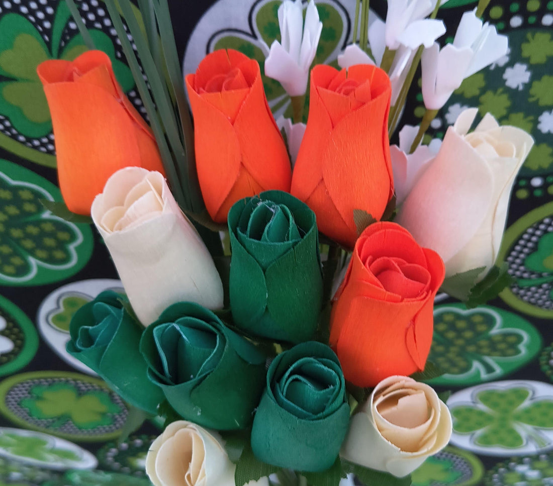 The Original Wooden Rose Irish Flag Saint Patty Day Green, Orange and White Wooden Rose Bouquet Closed Bud Roses (1 Dozen) - The Original Wooden Rose