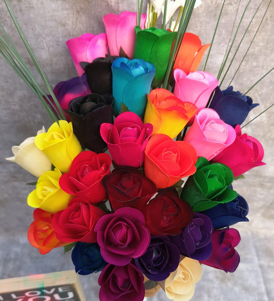 The Original Wooden Rose Bouquet of 32 Assorted Colors Half Open Roses Great for Mothers Day, Valentines Day - The Original Wooden Rose