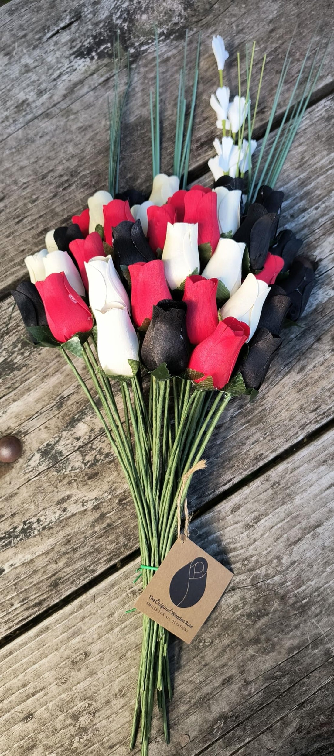 The Original Wooden Rose, Red, Black and White Wooden Rose Bouquet (3 Dozen) - The Original Wooden Rose