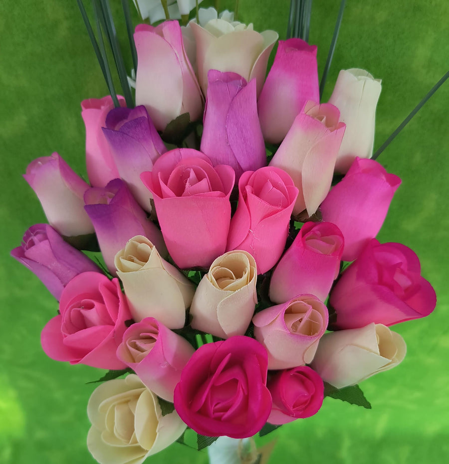 The Original Wooden Rose Deluxe Pink Blossoms Themed Bouquet. Featuring Closed and Half Open Bud Roses (2 Dozen) - The Original Wooden Rose