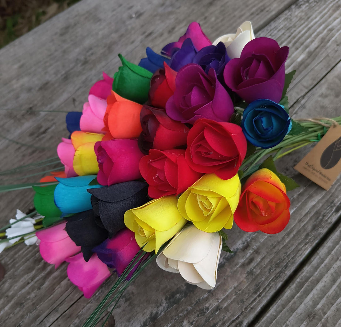 The Original Wooden Rose Bouquet of 32 Assorted Colors Half Open Roses Great for Mothers Day, Valentines Day - The Original Wooden Rose