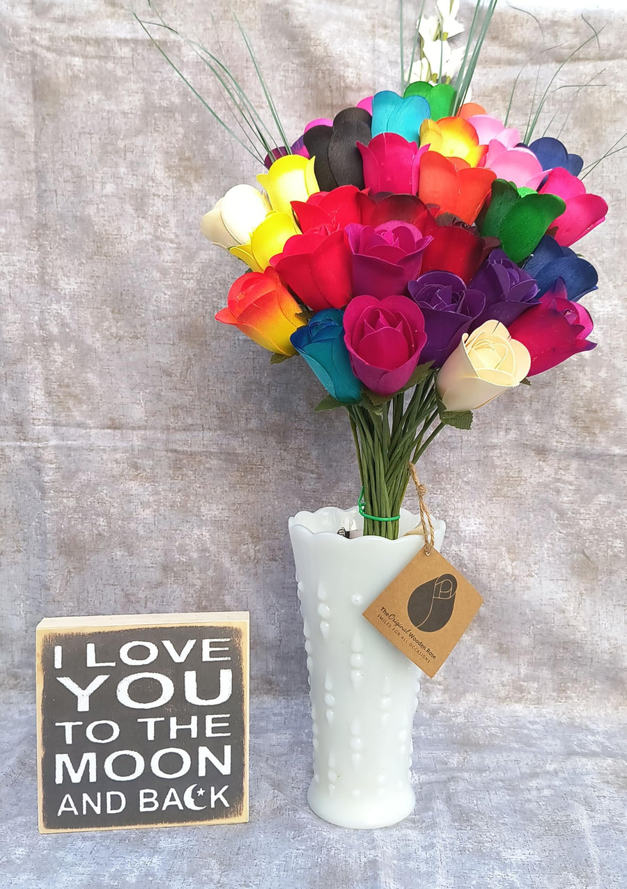 The Original Wooden Rose Bouquet of 32 Assorted Colors Half Open Roses Great for Mothers Day, Valentines Day - The Original Wooden Rose