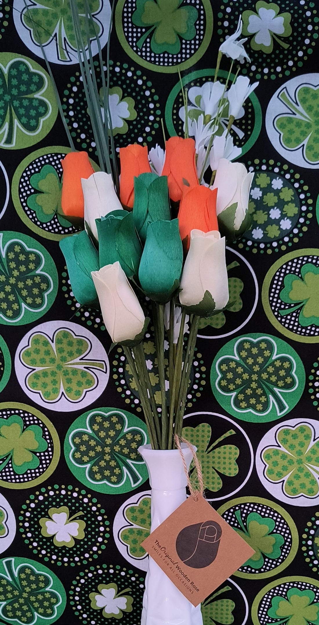 The Original Wooden Rose Irish Flag Saint Patty Day Green, Orange and White Wooden Rose Bouquet Closed Bud Roses (1 Dozen) - The Original Wooden Rose