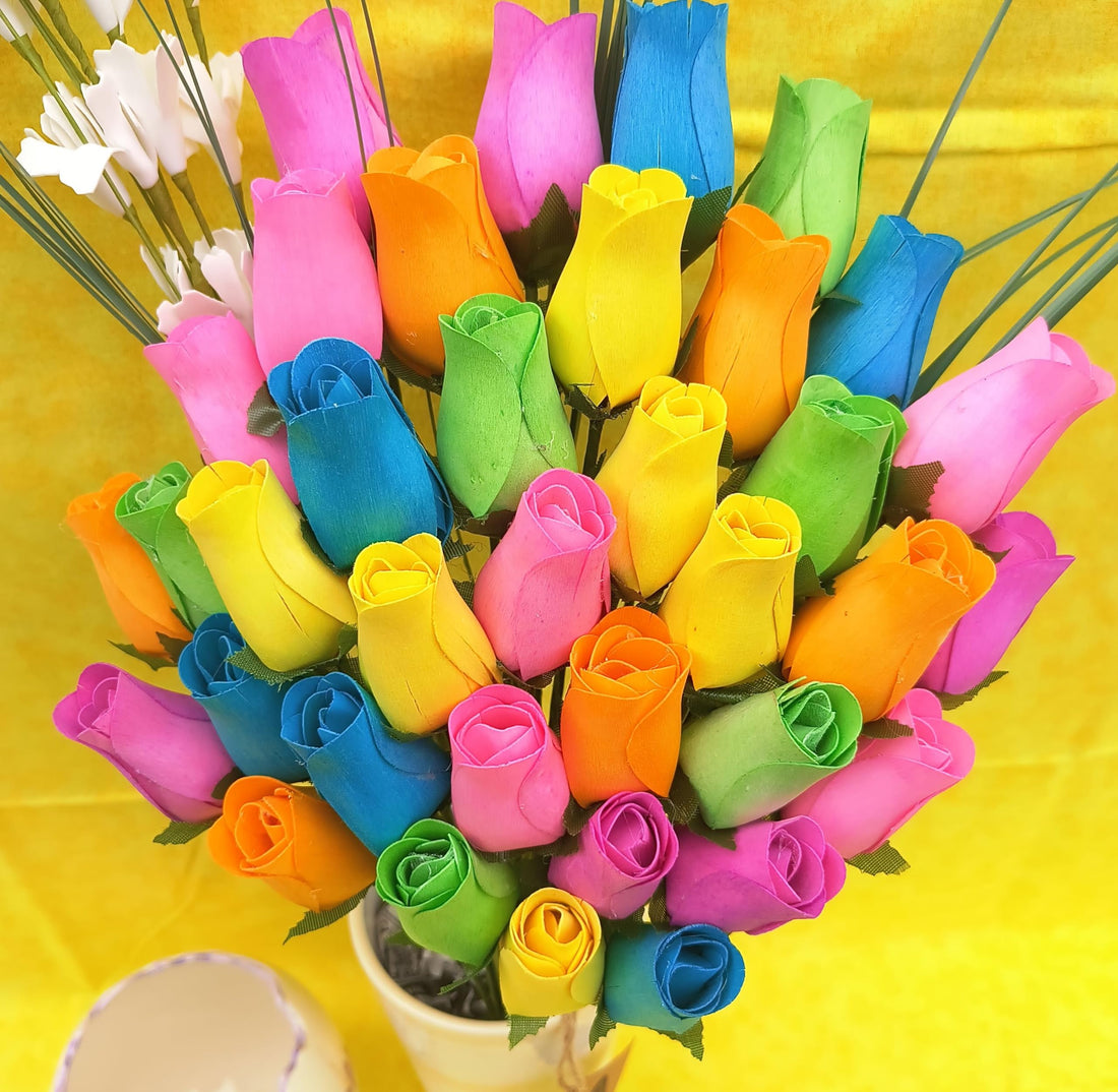 The Original Wooden Rose Spring Light Blue, Yellow, Lavender, Green, Orange and, Pink. 3 Dozen - The Original Wooden Rose