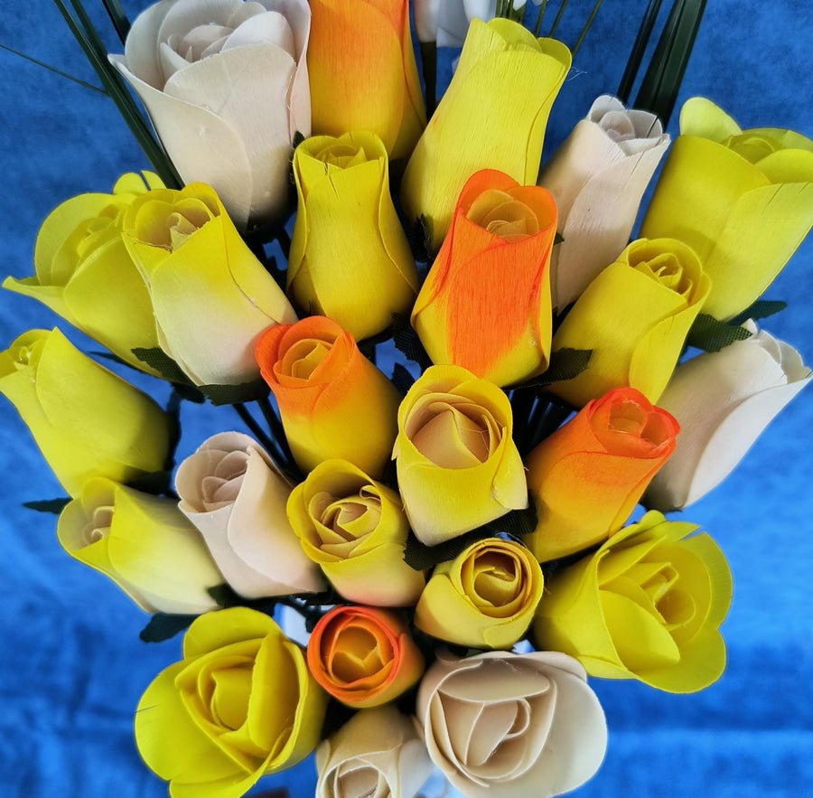 The Original Wooden Rose Deluxe Yellow Sunshine Themed Bouquet. Featuring Closed and Half Open Bud Roses (2 Dozen) - The Original Wooden Rose