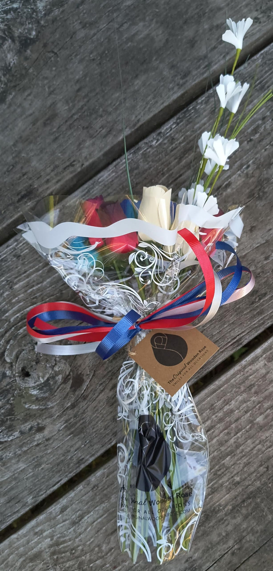 The Original Wooden Rose Primitive Patriotic 1 Dozen Red with Black Tips, White and Blue with Dark Blue Tips Bouquet - The Original Wooden Rose