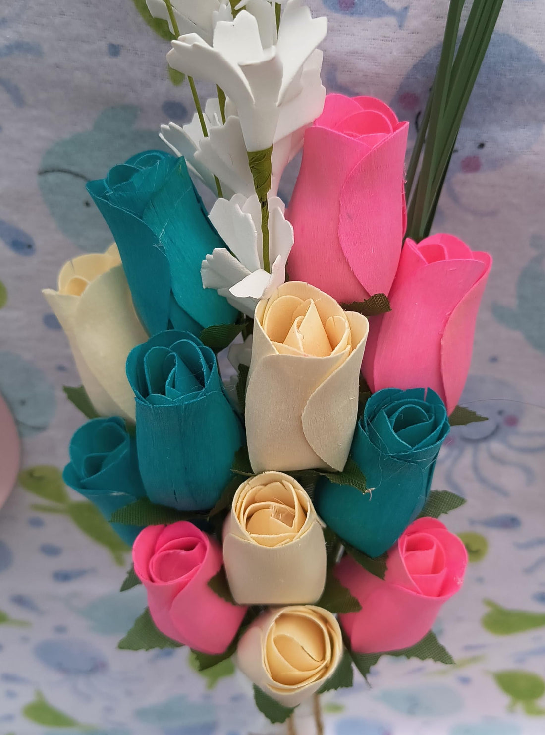 The Original Wooden Rose Gender Reveal Wooden Rose Bouquet. Featuring Pink, Light Blue and White Wooden Roses Closed Bud (1 Dozen) - The Original Wooden Rose