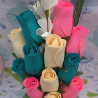 The Original Wooden Rose Gender Reveal Wooden Rose Bouquet. Featuring Pink, Light Blue and White Wooden Roses Closed Bud (1 Dozen) - The Original Wooden Rose