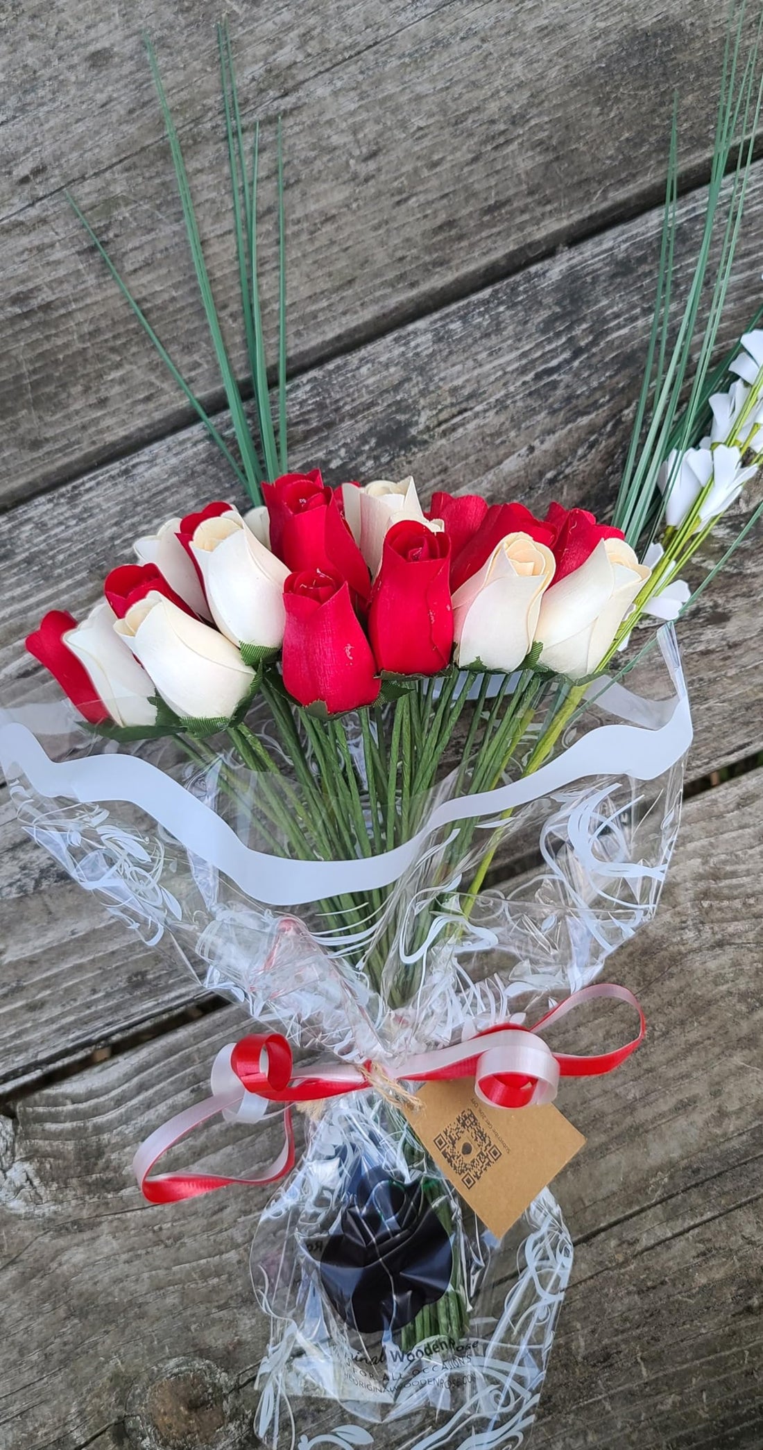 The Original Wooden Rose Valentines Day Red and White Flower Bouquet (3 Dozen) - The Original Wooden Rose