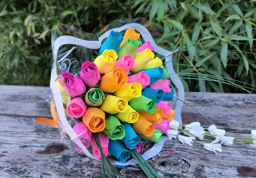 The Original Wooden Rose Spring Light Blue, Yellow, Lavender, Green, Orange and, Pink. 3 Dozen - The Original Wooden Rose