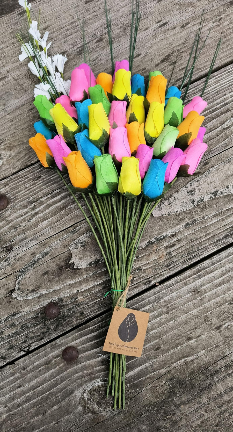 The Original Wooden Rose Spring Light Blue, Yellow, Lavender, Green, Orange and, Pink. 3 Dozen - The Original Wooden Rose