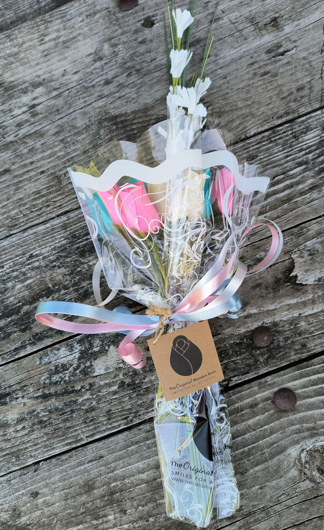 The Original Wooden Rose Gender Reveal Wooden Rose Bouquet. Featuring Pink, Light Blue and White Wooden Roses Closed Bud (1 Dozen) - The Original Wooden Rose