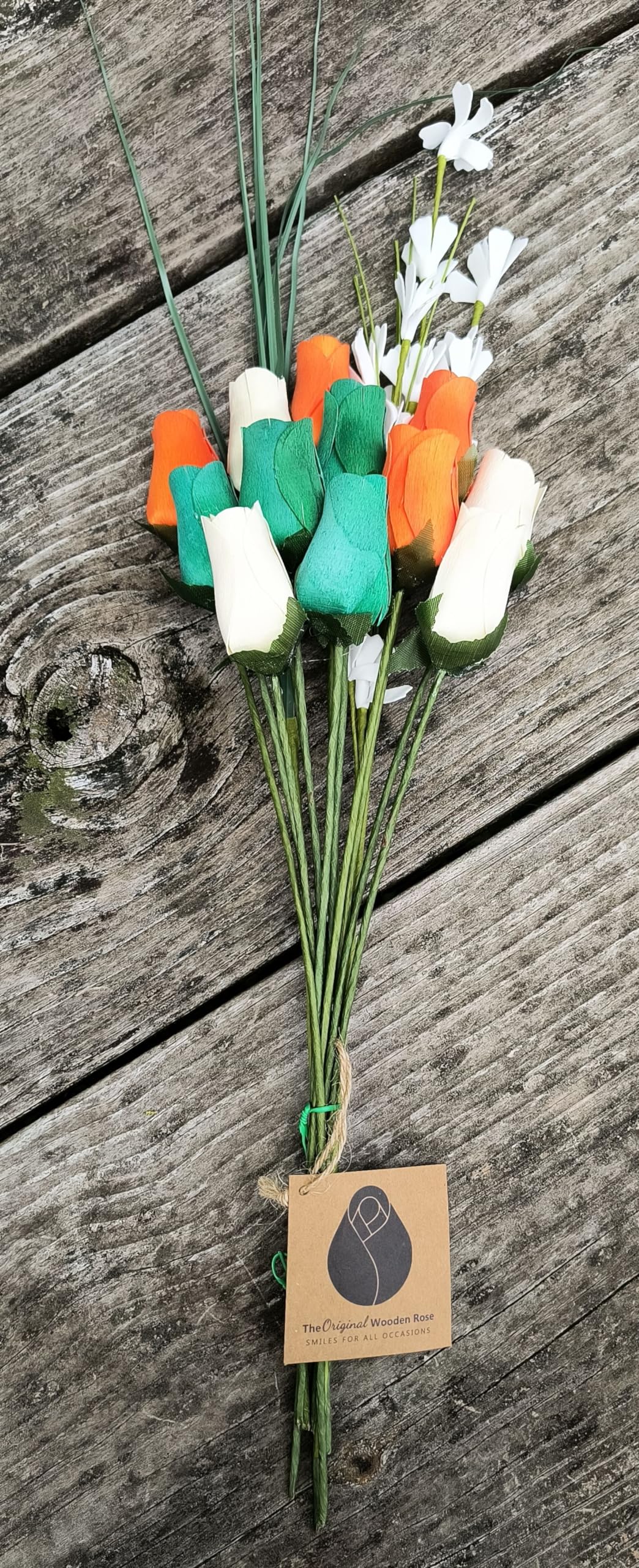 The Original Wooden Rose Irish Flag Saint Patty Day Green, Orange and White Wooden Rose Bouquet Closed Bud Roses (1 Dozen) - The Original Wooden Rose