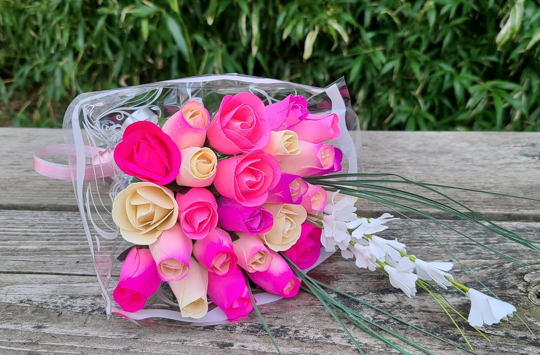 The Original Wooden Rose Deluxe Pink Blossoms Themed Bouquet. Featuring Closed and Half Open Bud Roses (2 Dozen) - The Original Wooden Rose