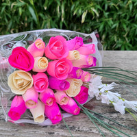 The Original Wooden Rose Deluxe Pink Blossoms Themed Bouquet. Featuring Closed and Half Open Bud Roses (2 Dozen) - The Original Wooden Rose