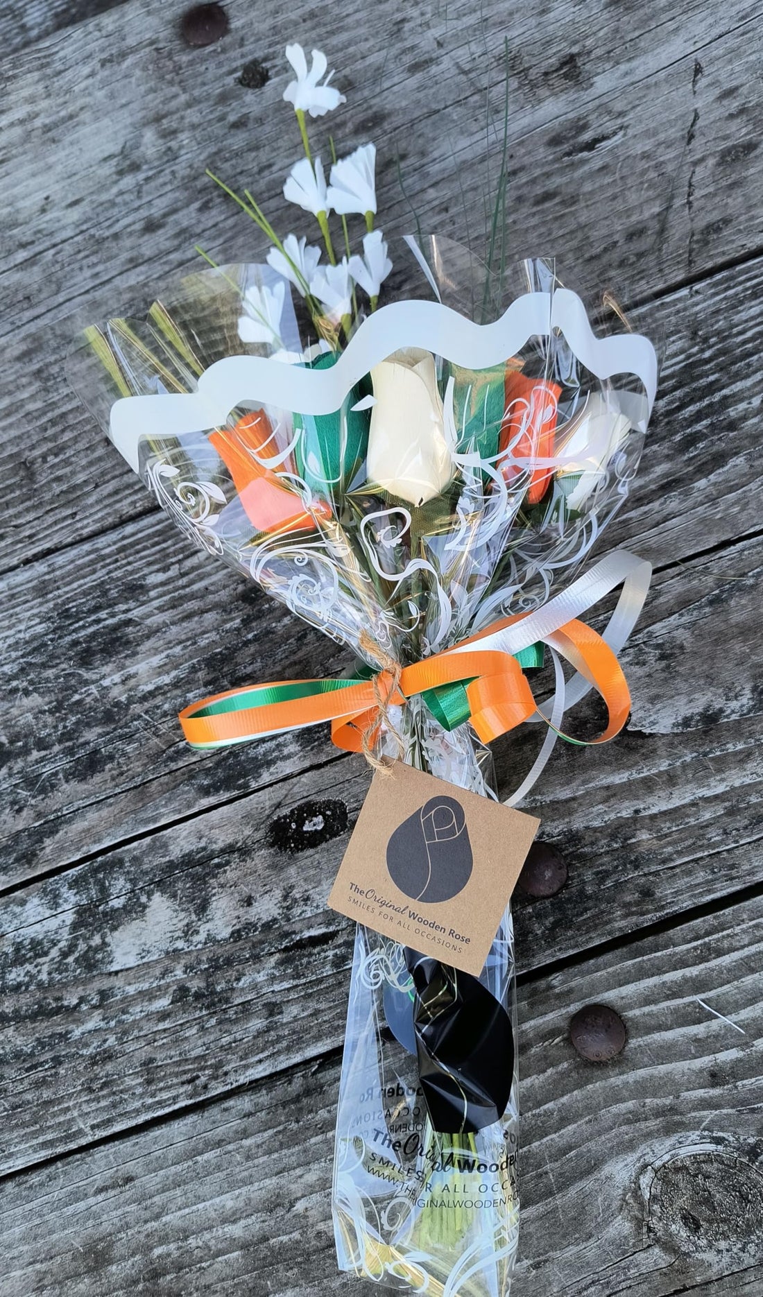 The Original Wooden Rose Irish Flag Saint Patty Day Green, Orange and White Wooden Rose Bouquet Closed Bud Roses (1 Dozen) - The Original Wooden Rose