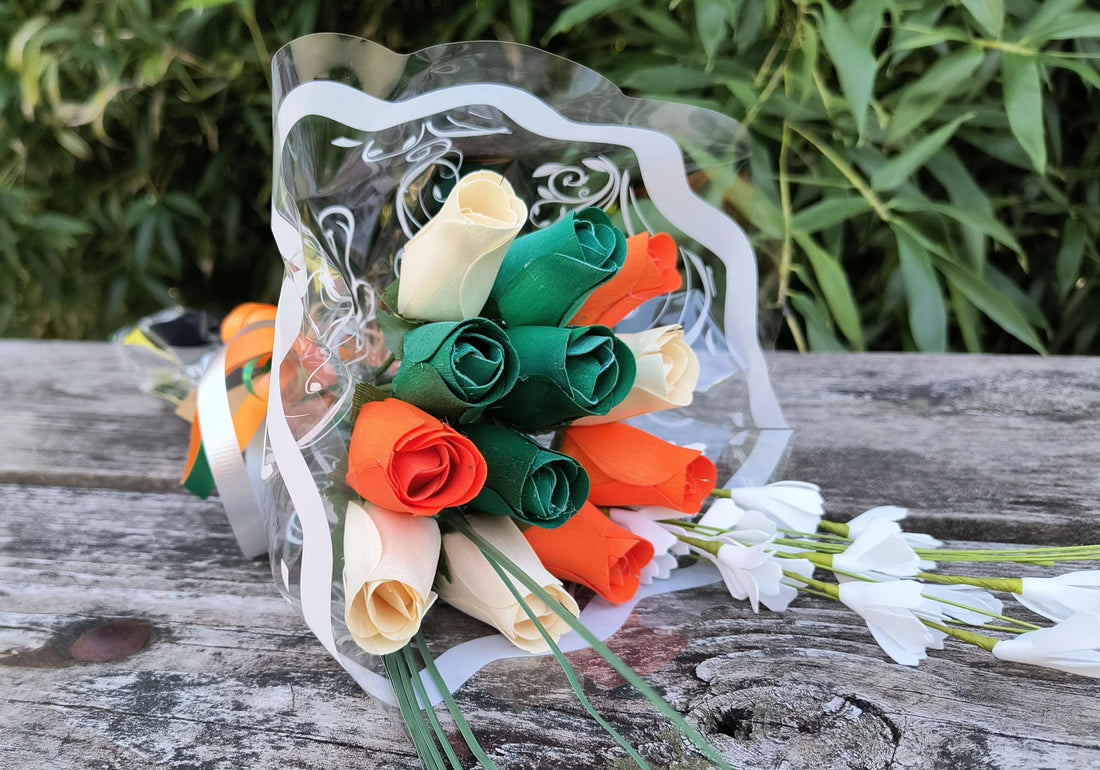 The Original Wooden Rose Irish Flag Saint Patty Day Green, Orange and White Wooden Rose Bouquet Closed Bud Roses (1 Dozen) - The Original Wooden Rose