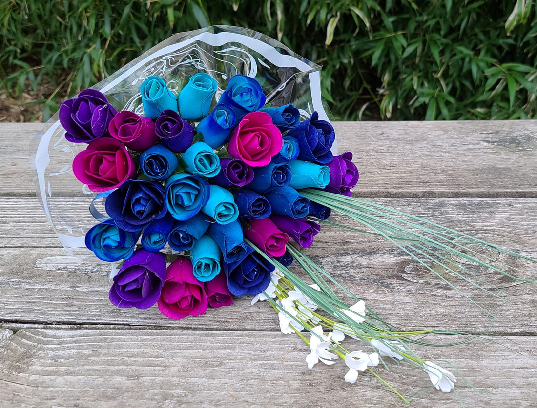 The Original Wooden Rose Deluxe Dark Waters Themed Bouquet. Featuring Closed and Half Open Bud Roses (3 Dozen) - The Original Wooden Rose