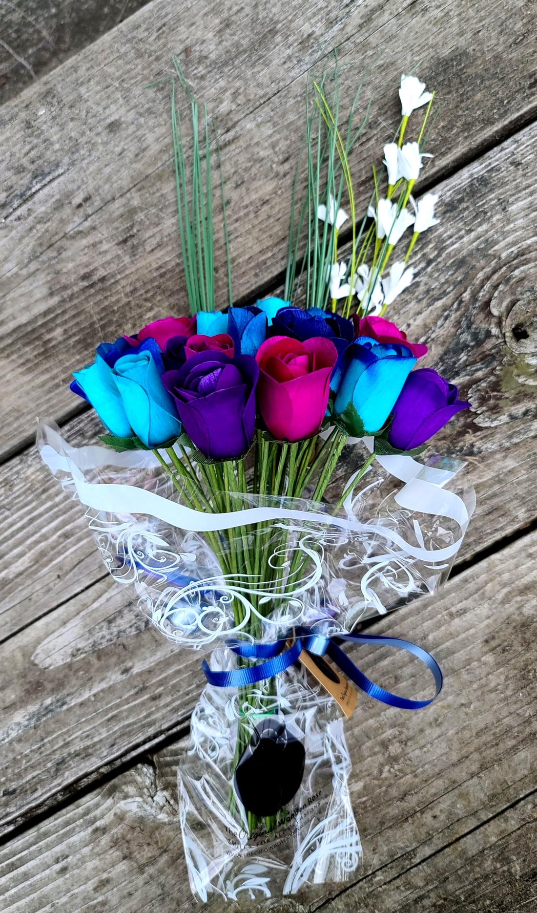 The Original Wooden Rose Deluxe Dark Waters Themed Bouquet. Featuring Closed and Half Open Bud Roses (3 Dozen) - The Original Wooden Rose