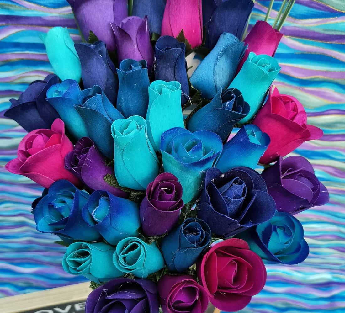 The Original Wooden Rose Deluxe Dark Waters Themed Bouquet. Featuring Closed and Half Open Bud Roses (3 Dozen) - The Original Wooden Rose