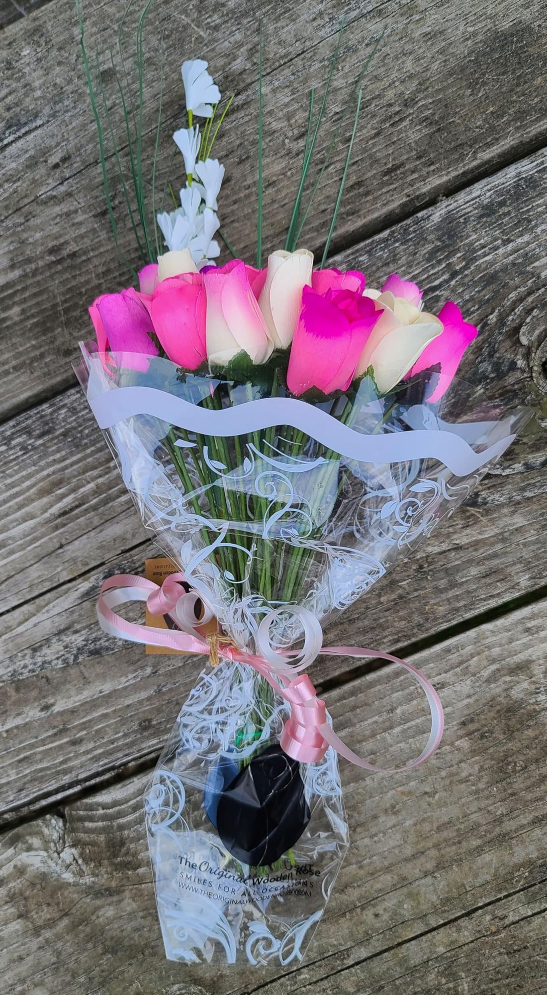 The Original Wooden Rose Deluxe Pink Blossoms Themed Bouquet. Featuring Closed and Half Open Bud Roses (2 Dozen) - The Original Wooden Rose