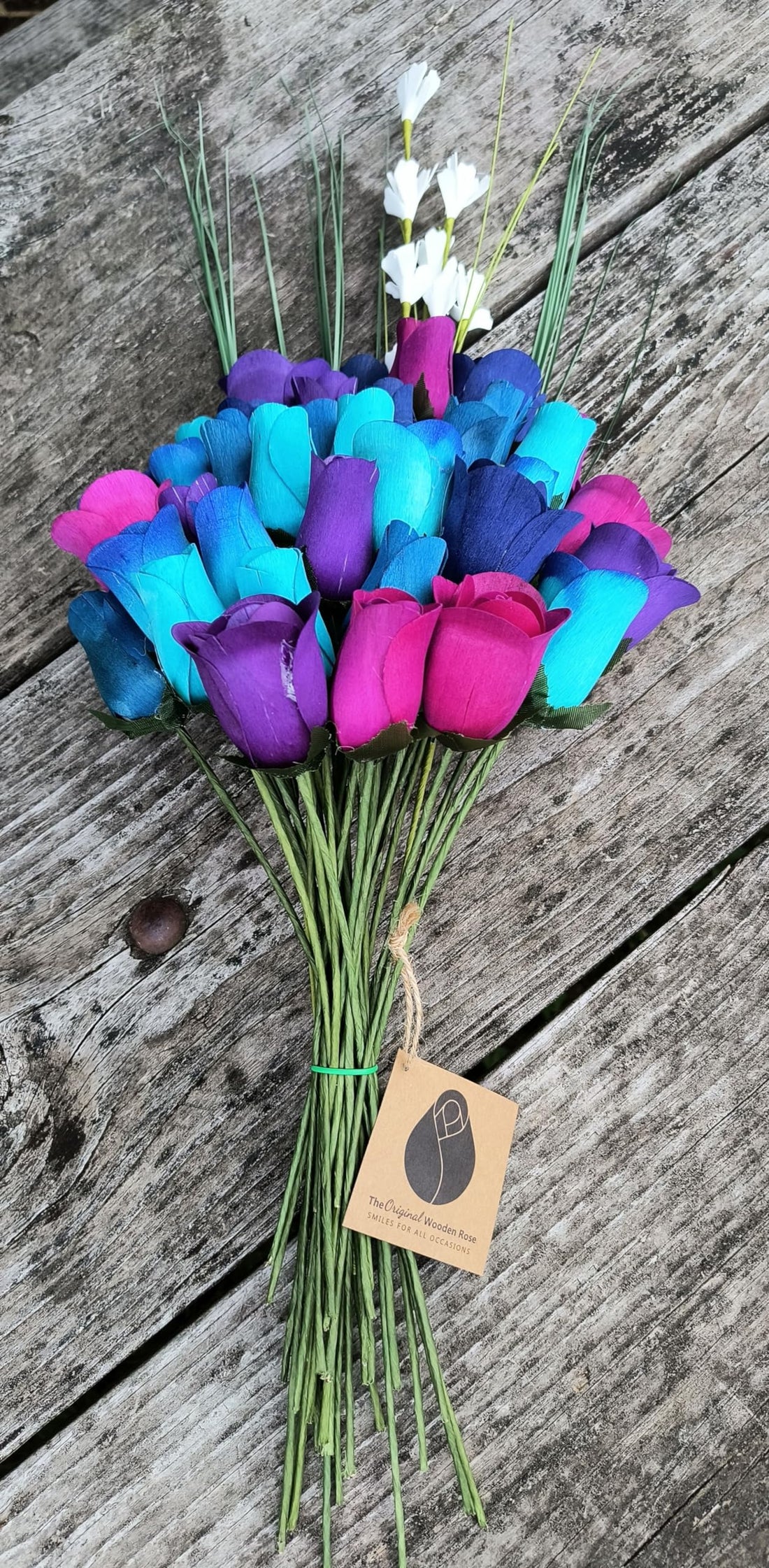 The Original Wooden Rose Deluxe Dark Waters Themed Bouquet. Featuring Closed and Half Open Bud Roses (3 Dozen) - The Original Wooden Rose