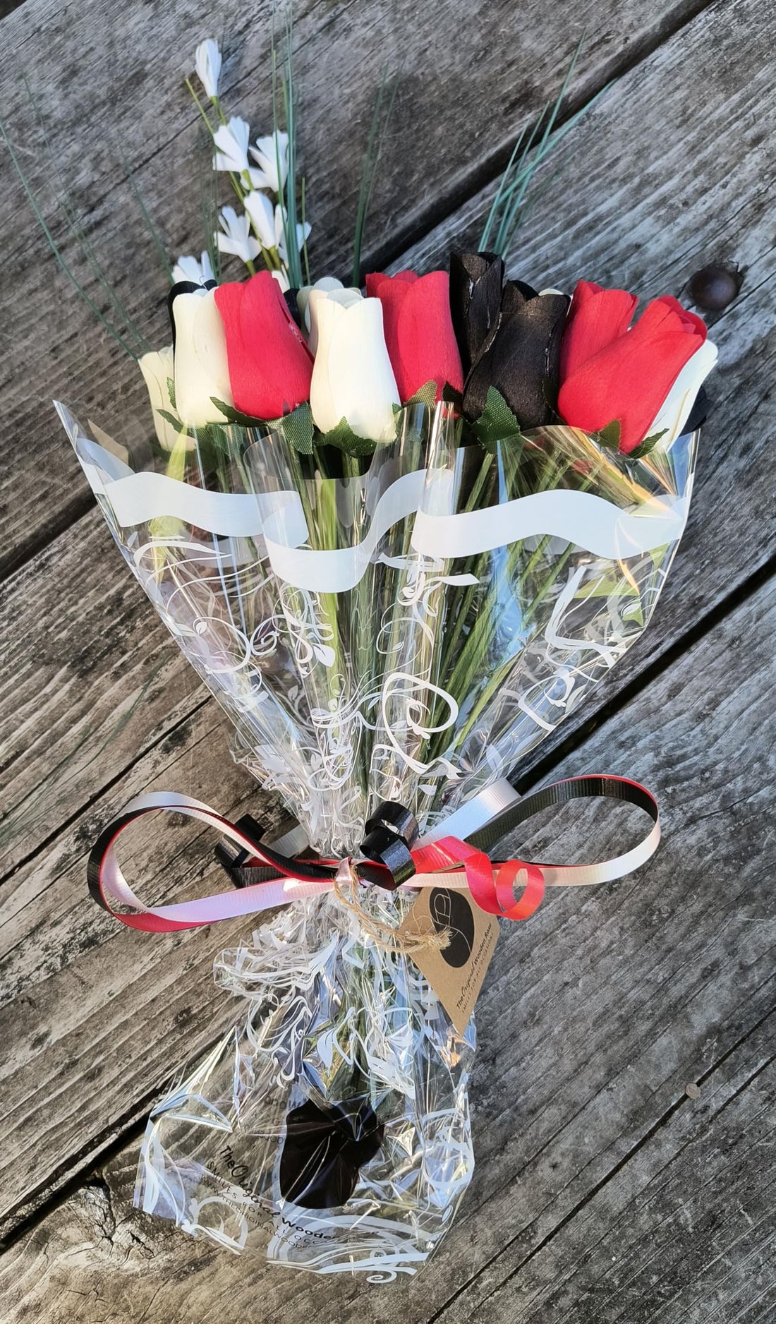 The Original Wooden Rose, Red, Black and White Wooden Rose Bouquet (3 Dozen) - The Original Wooden Rose