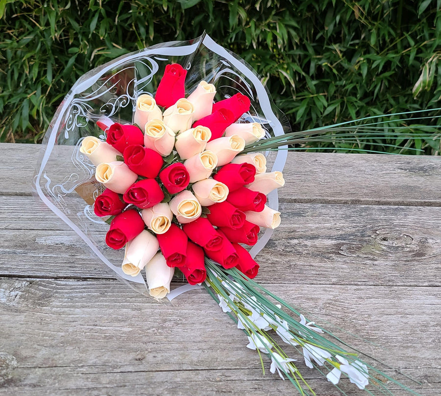 The Original Wooden Rose Valentines Day Red and White Flower Bouquet (3 Dozen) - The Original Wooden Rose